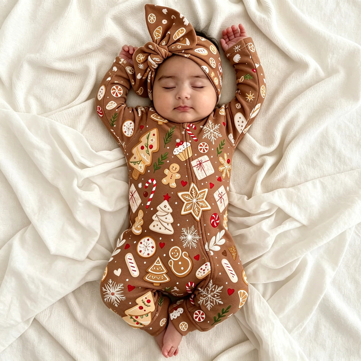 2PCS Christmas Gingerbread Elements Print Long Sleeve Zipper Baby Jumpsuit