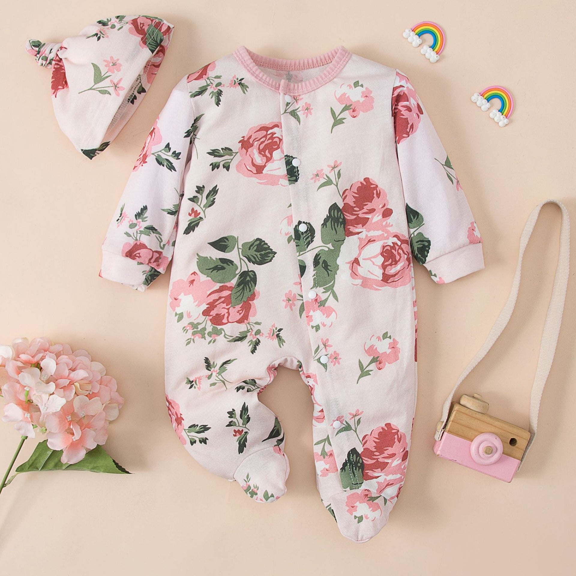 2PCS Pretty Floral Printed Long Sleeve Baby Jumpsuit