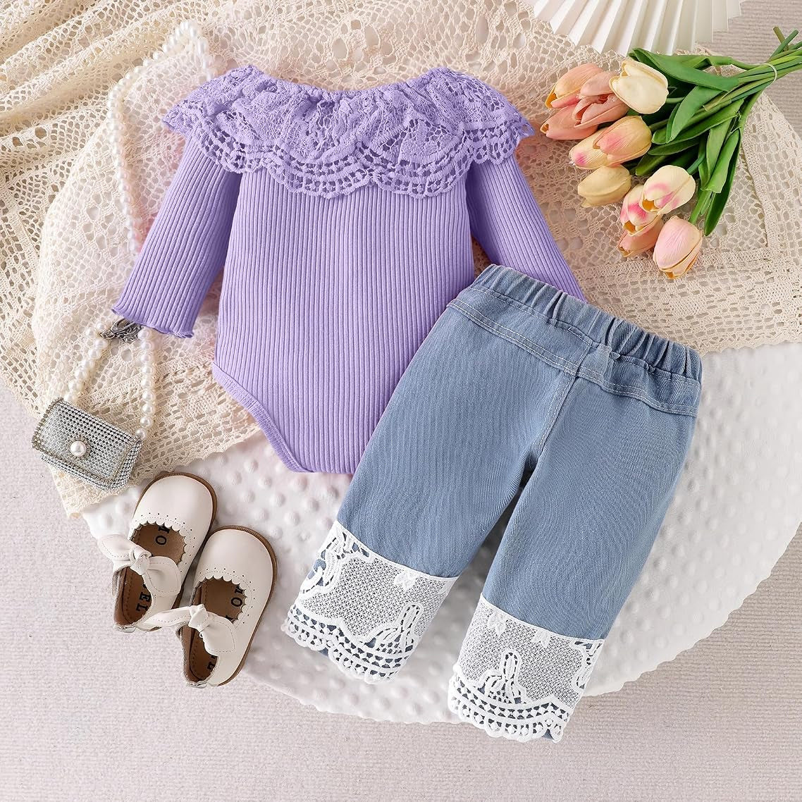 2PCS Charming Baby Girl Lace Eyelet Long Sleeve Denim Set