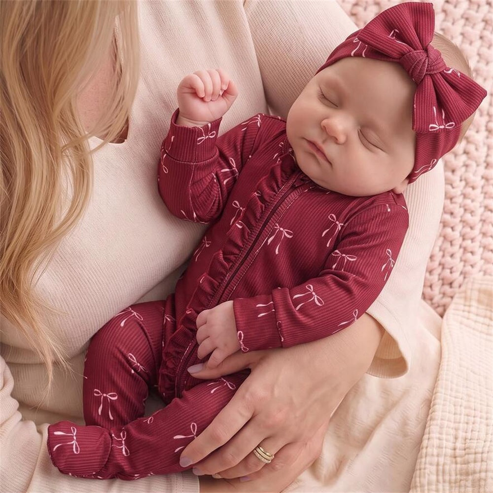 2PCS Grace Bow Print Long Sleeve Zipper Baby Jumpsuit