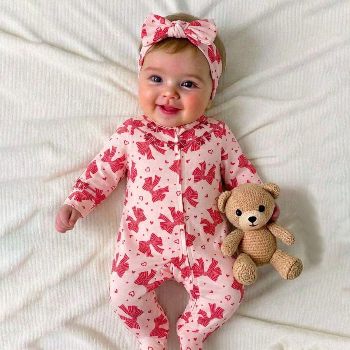 2PCS Cozy Bow & Heart Printed Long Sleeve Zipper Baby Jumpsuit