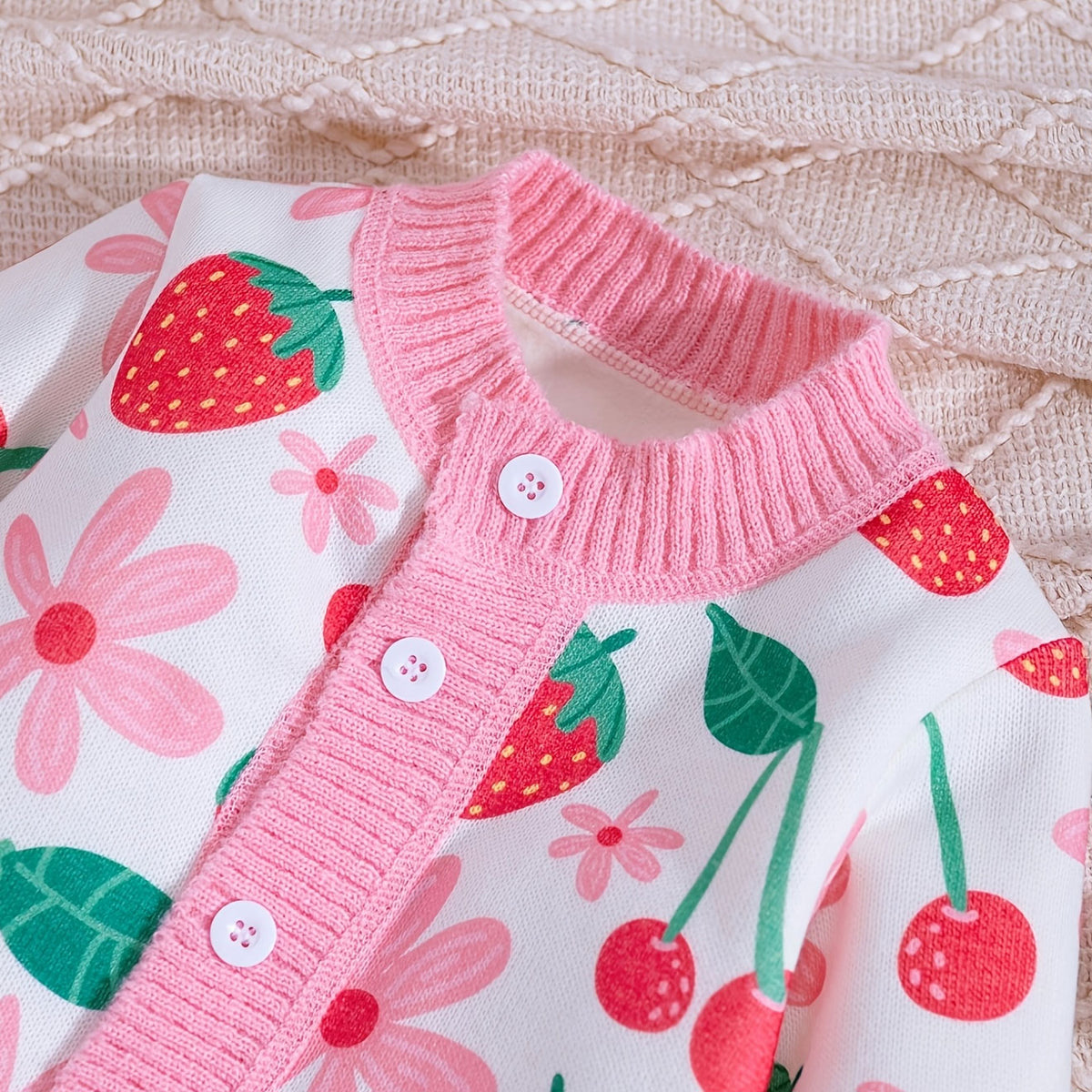 Sweet Strawberry Floral Printed Knit Long Sleeve Baby Jumpsuit