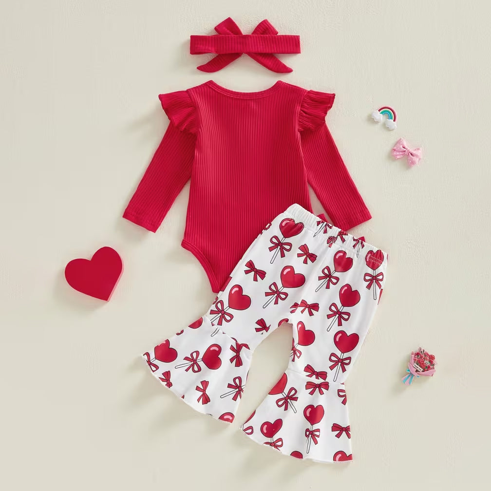 3PCS Grace Bow Heart Print Baby Set