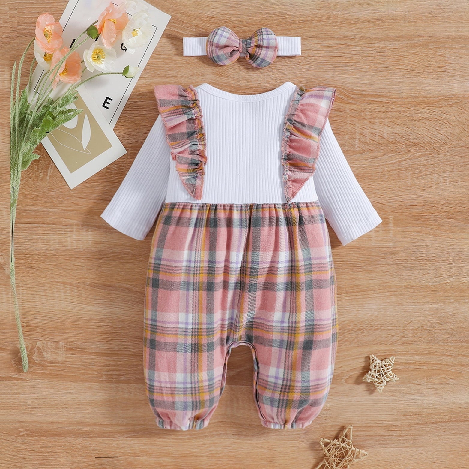 2PCS Pretty Plaid Printed Bow Long Sleeve Baby Jumpsuit