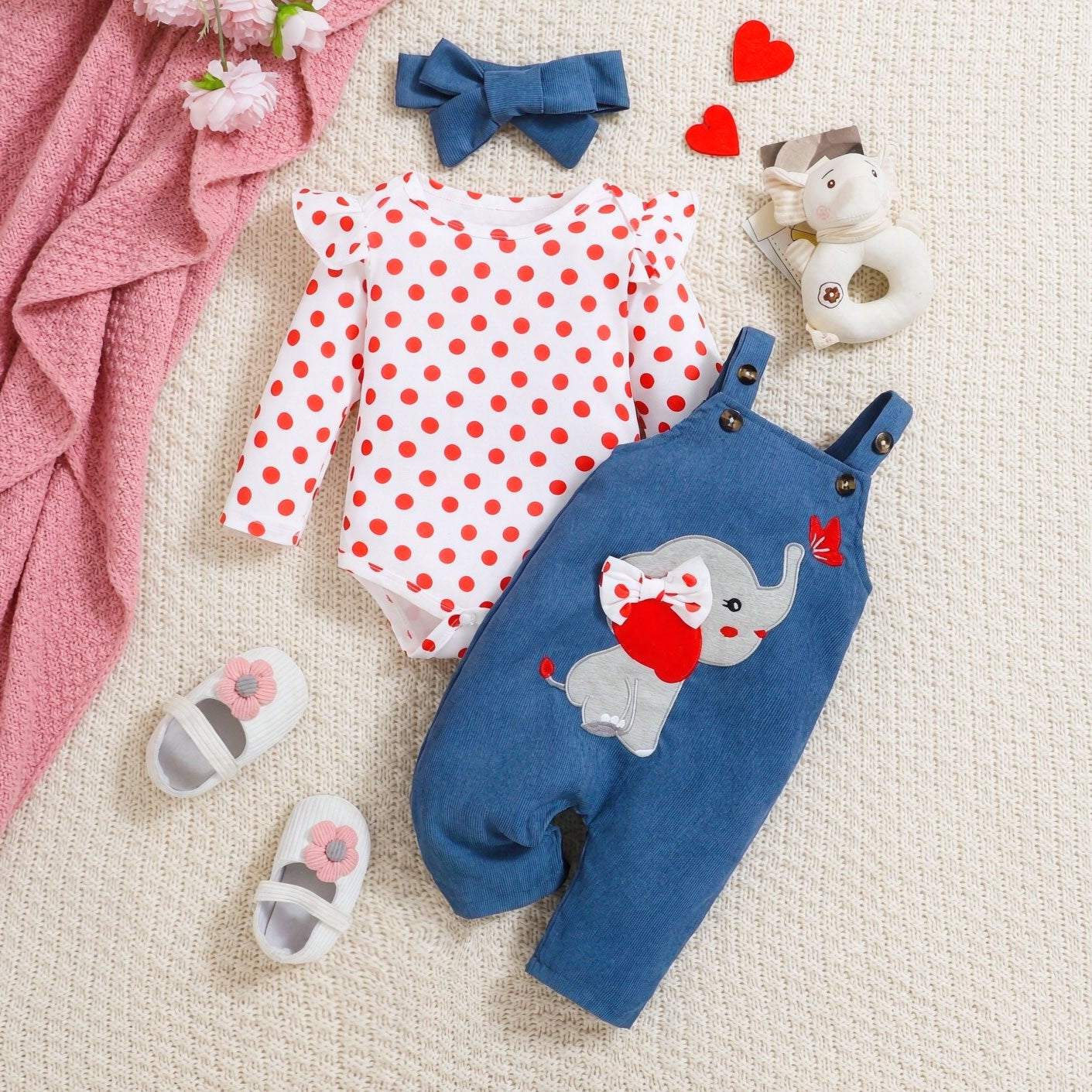 3PCS Lovely Elephant Embroidery Polka Dots Printed Overalls Baby Girl Set