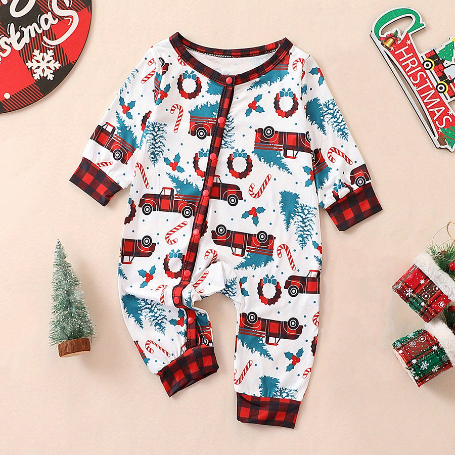 Christmas Style Cartoon Truck Printed Long Sleeve Baby Jumpsuit