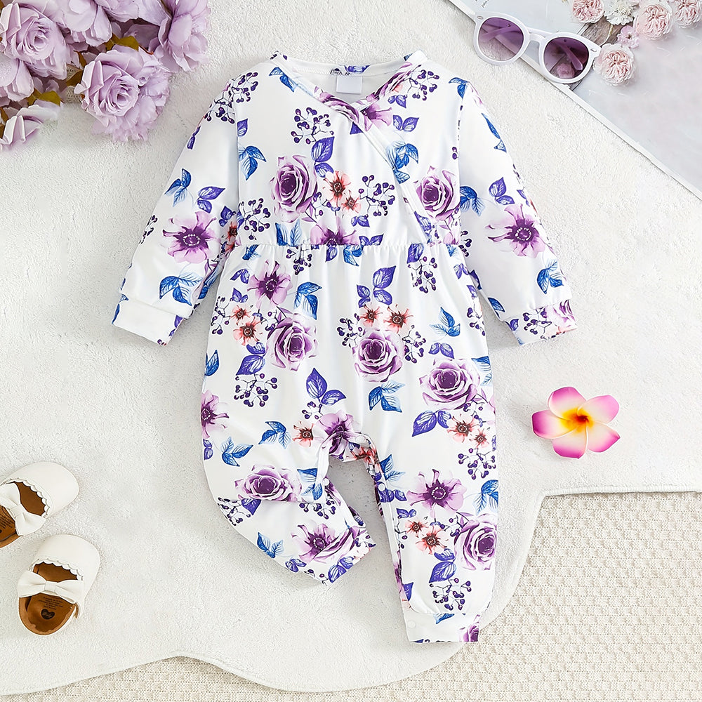 Elegant Floral Printed Long Sleeve Baby Girl Jumpsuit