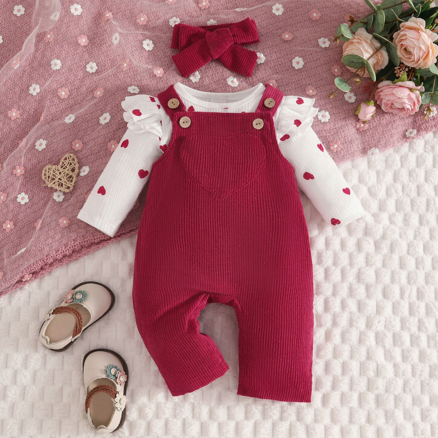 3PCS Grace Heart Printed Long Sleeve Baby Overalls Set