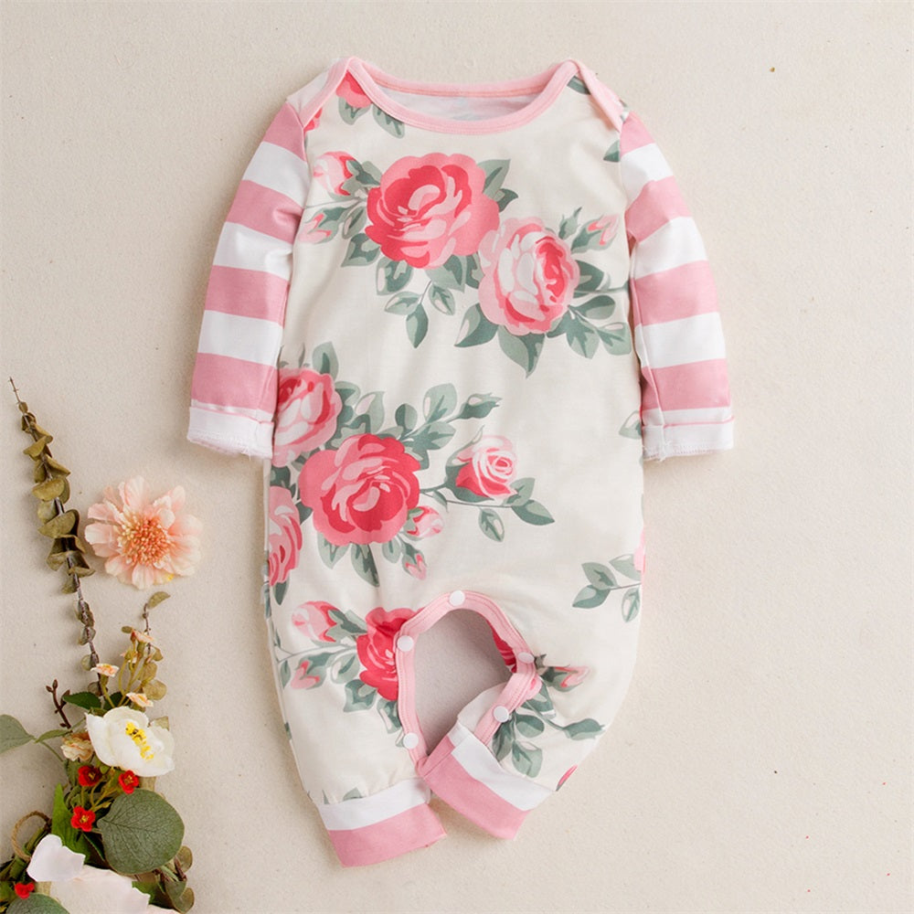 Pretty Floral Print Striped Long Sleeve Baby Jumpsuit
