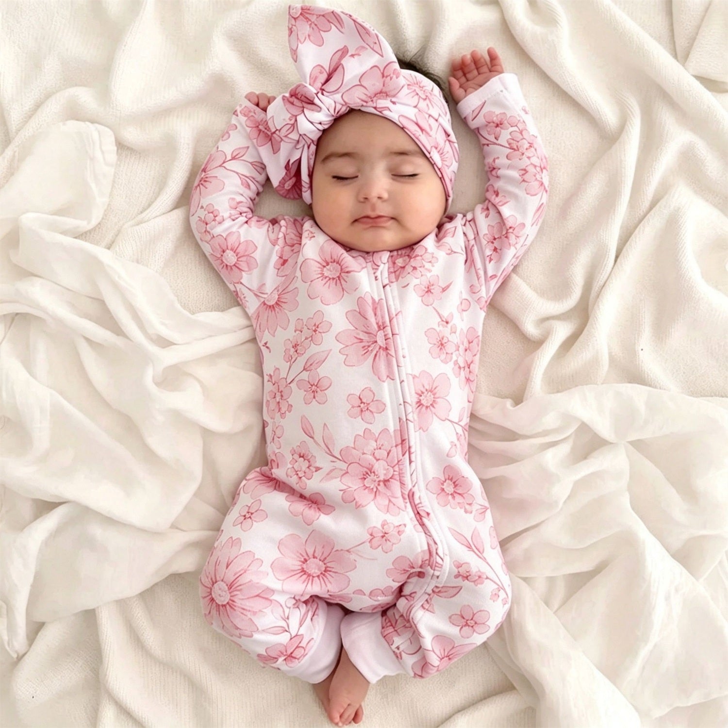 2PCS Elegant Floral Print Zipper Long Sleeve Baby Jumpsuit