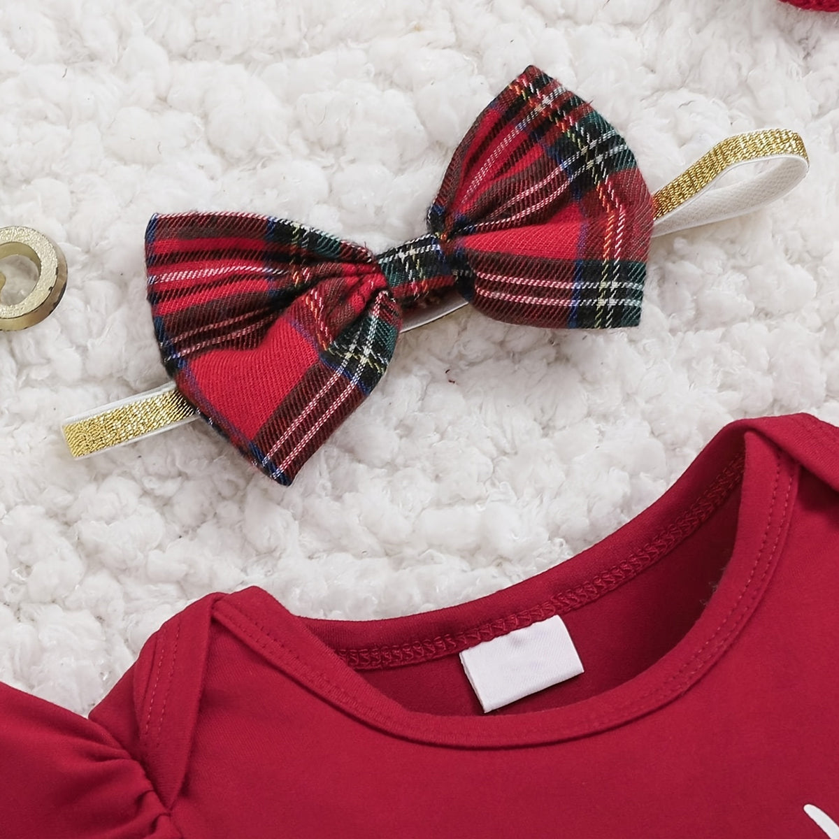3PCS Christmas Crew Letter Plaid Print Long Sleeve Baby Set