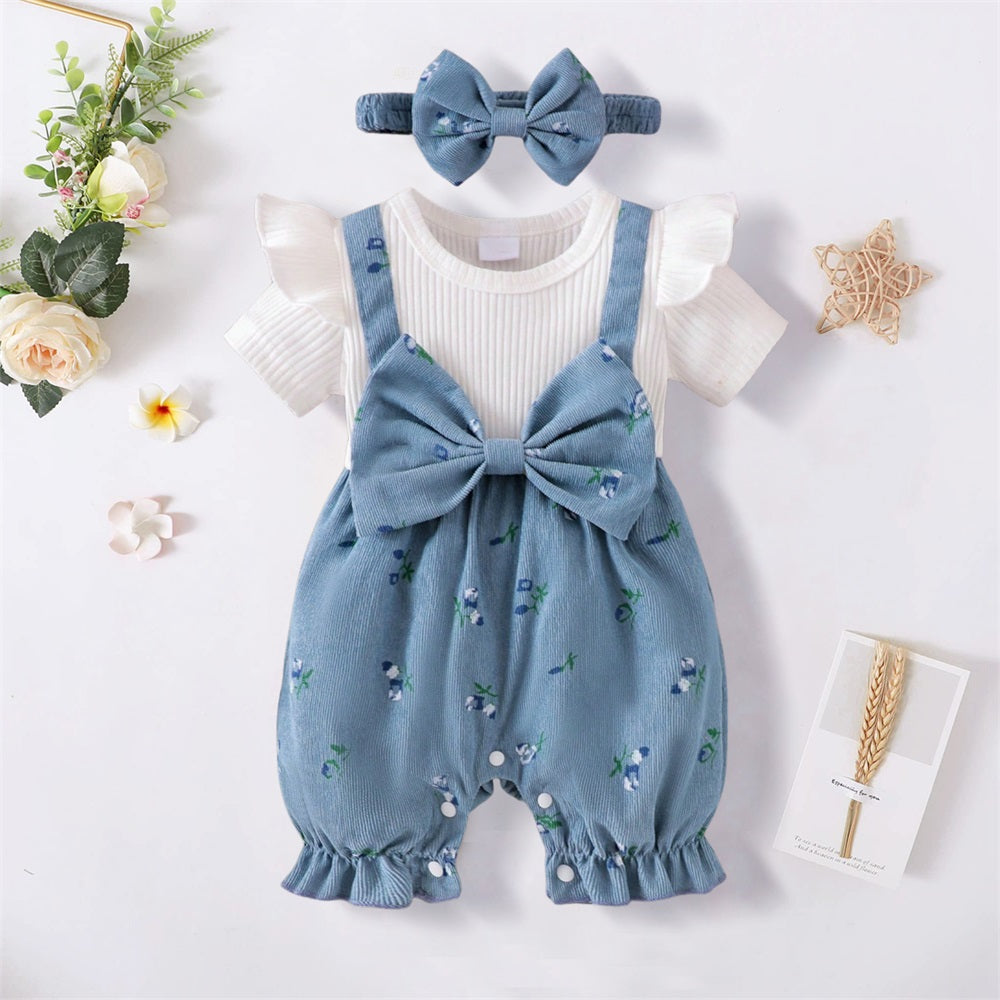 2PCS Causal Floral Printed Bow Short Sleeve Baby Jumpsuit