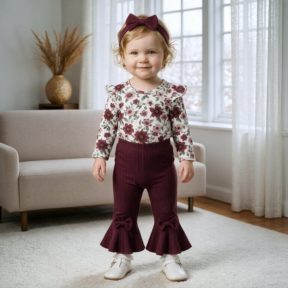 3PCS Bold All Over Floral Print Long Sleeve Baby Girl Set