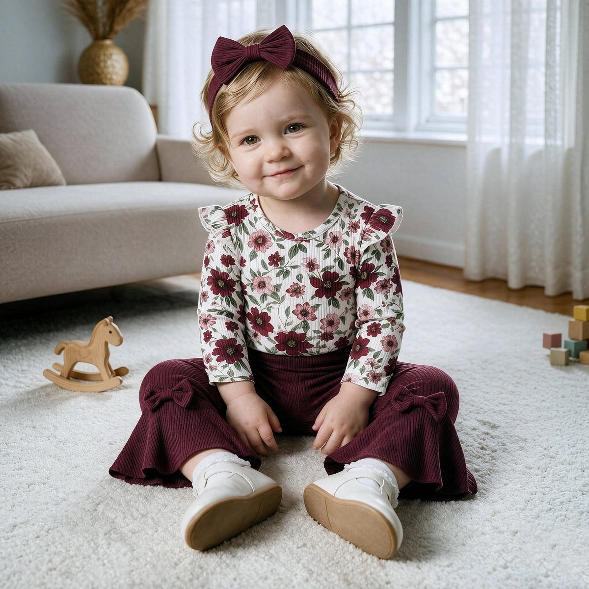 3PCS Bold All Over Floral Print Long Sleeve Baby Girl Set