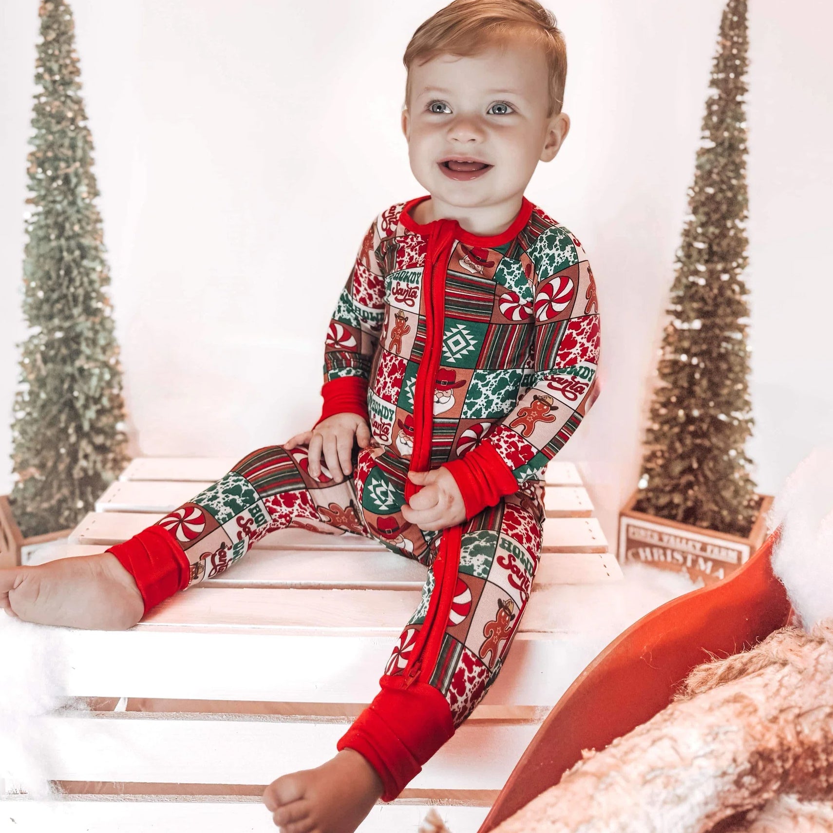 Howdy Santa Printed Long Sleeve Zipper Baby Jumpsuit