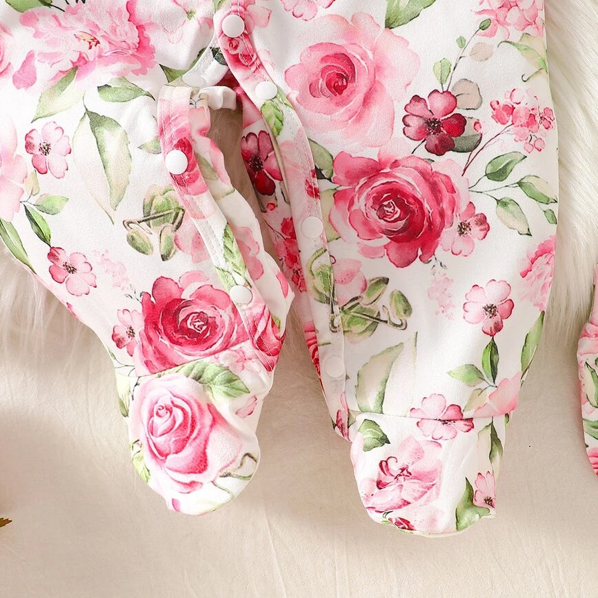 2PCS Vivid Floral Print Lace Long Sleeve Baby Girl Jumpsuit