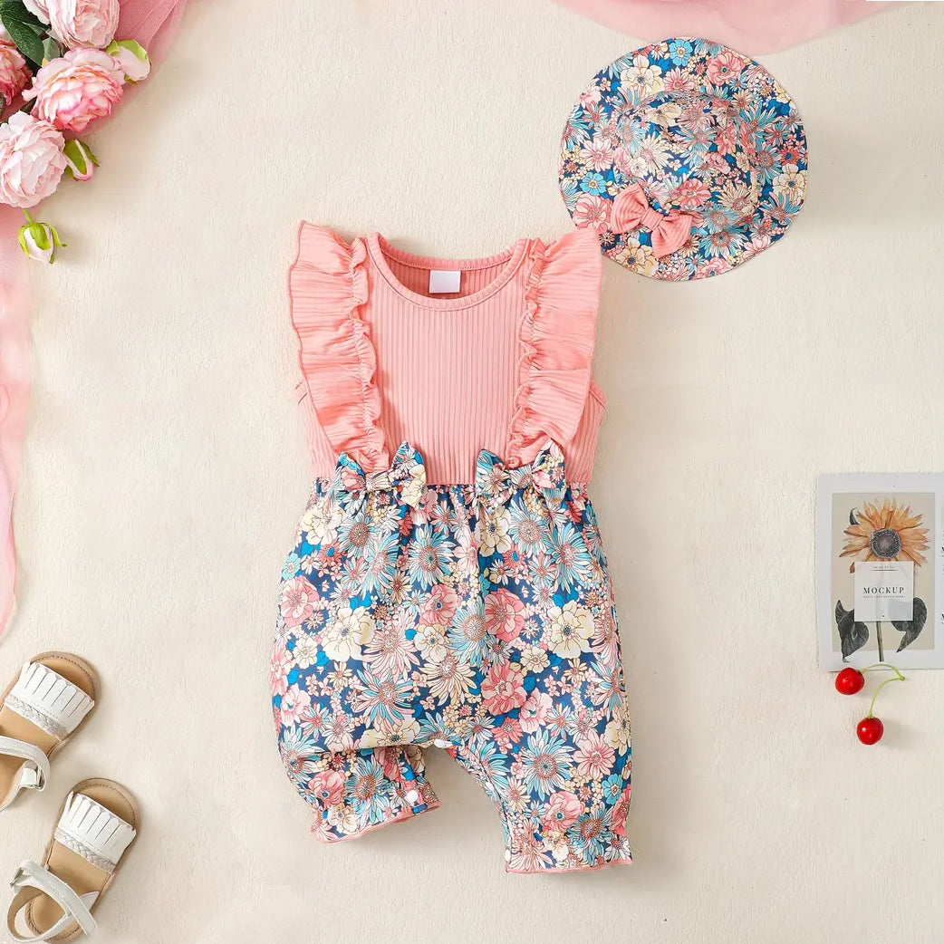 2PCS Lovely Floral Printed Ruffle Sleeveless Baby Jumpsuit