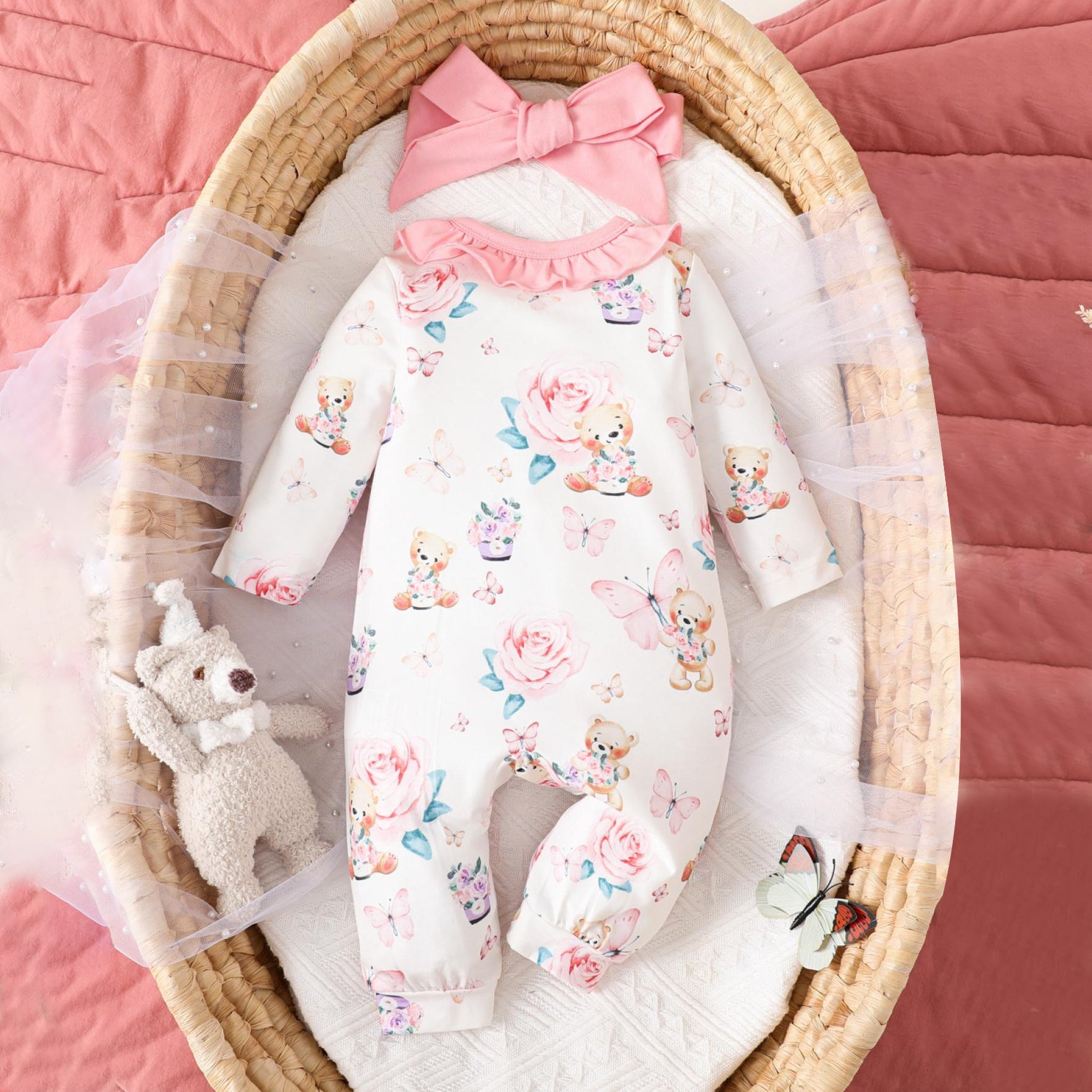 2PCS Sweet Large Flower And Bear Printed Ruffle Long Sleeve Baby Jumpsuit