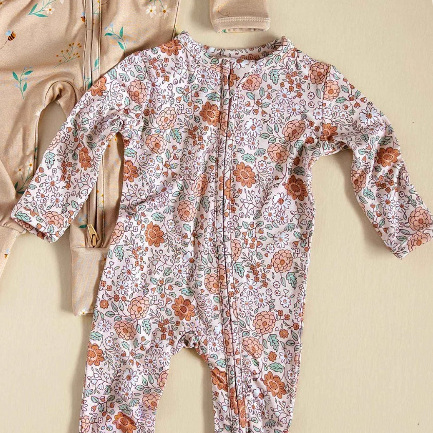 2PCS Vintage Bloom Print Long Sleeve Baby Girl Zipper Jumpsuit
