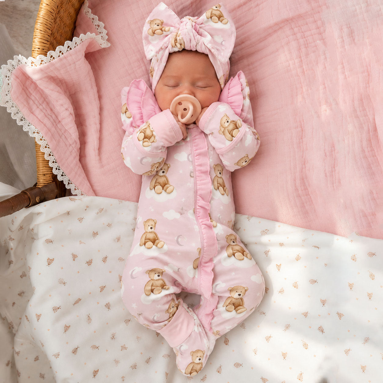 2PCS Refined Teddy Bear Print Long Sleeve Zipper Baby Jumpsuit