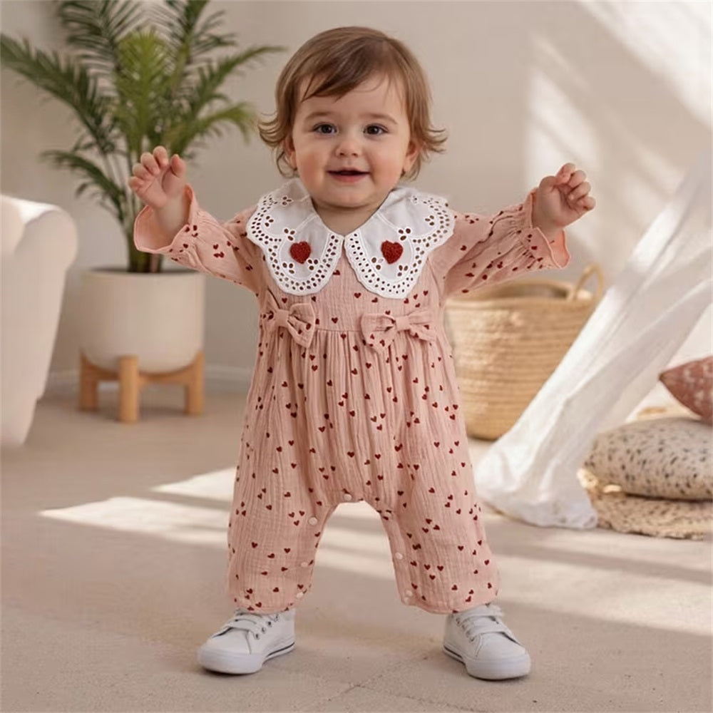 Cute Heart Print Flared Long Sleeve Baby Jumpsuit