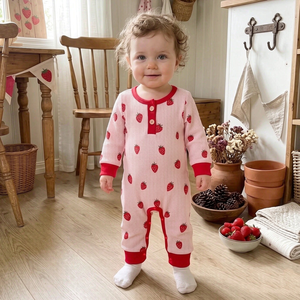 Lovely Strawberry Print Waffle Long Sleeve Baby Girl Jumpsuit