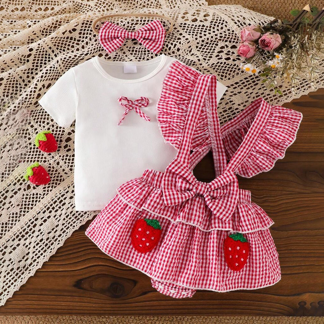 3PCS Cheerful Plaid Print Strawberry Appliqué Baby Set