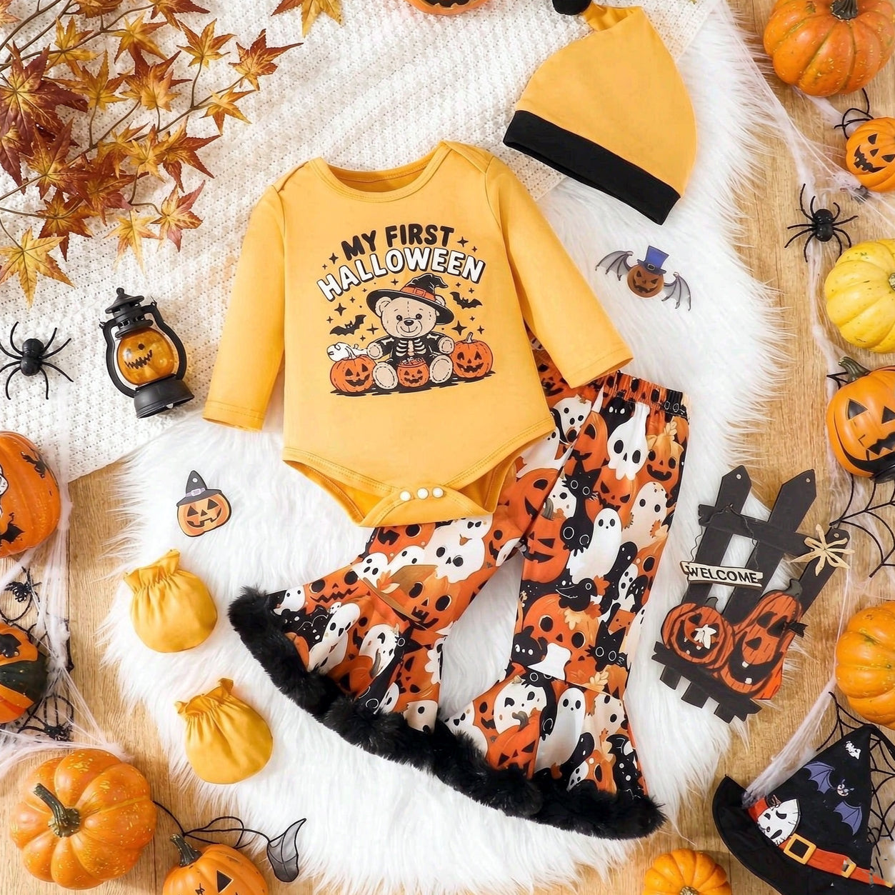 3PCS Spooky My First Halloween Ghost Printed Long Sleeve Baby Set