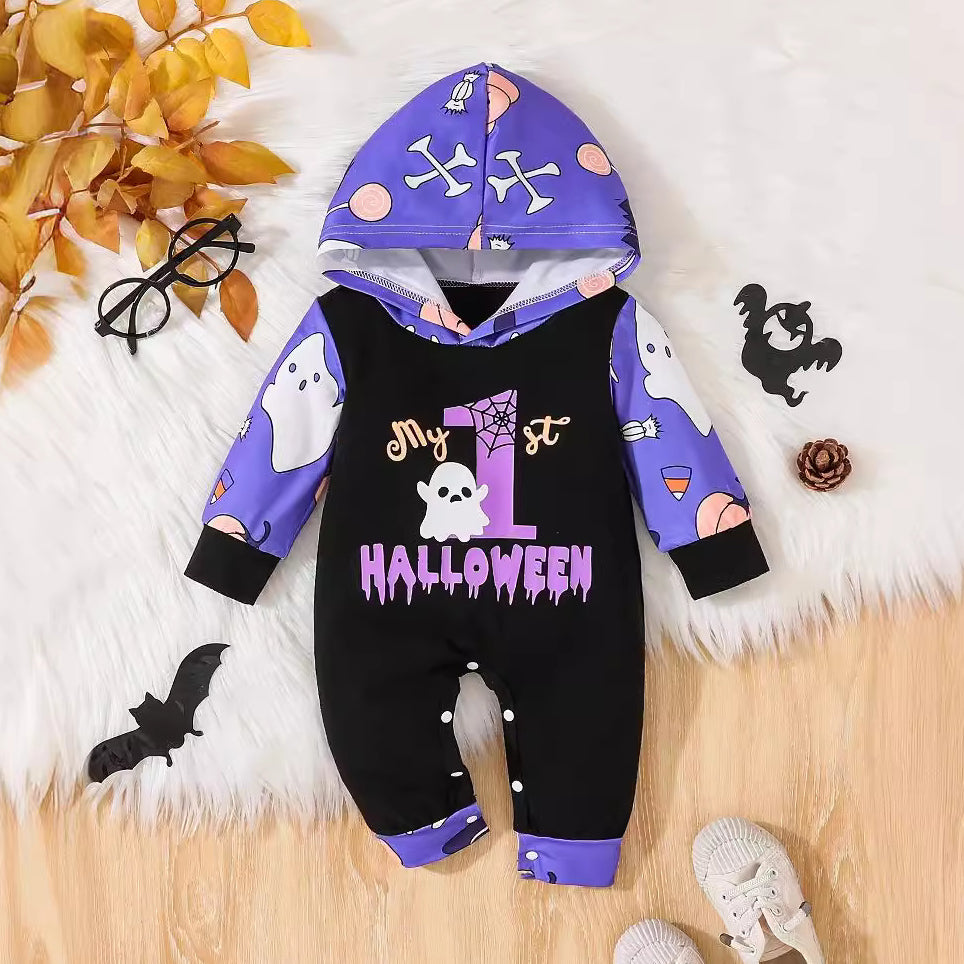 Casual Letter Ghost Printed Long Sleeve Baby Hooded Jumpsuit