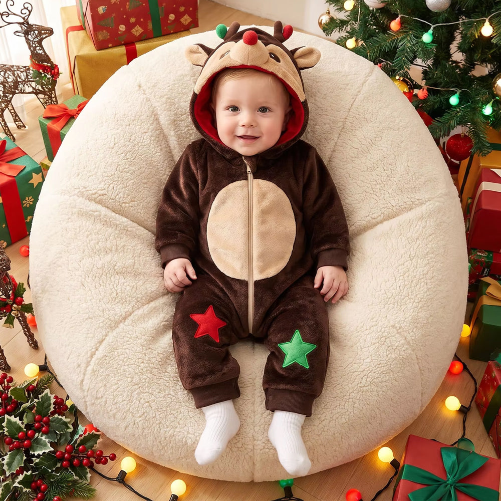 3D Antler Stars Applique Hoodie Plush Zipper Reindeer Baby Jumpsuit