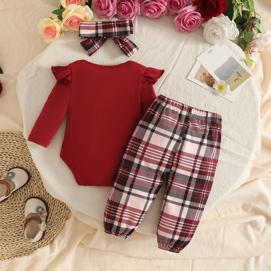 3PCS Classy Plaid Print Long Sleeve Baby Set