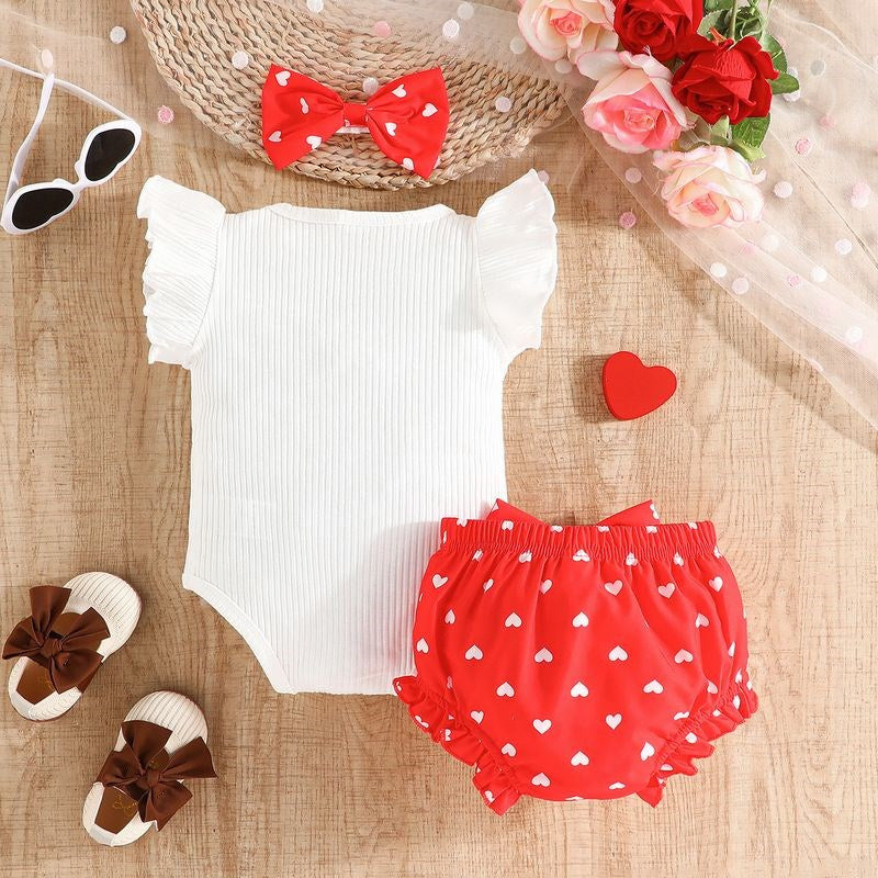 3PCS Mama's Girl Letter Heart Printed Flutter Sleeve Baby Set