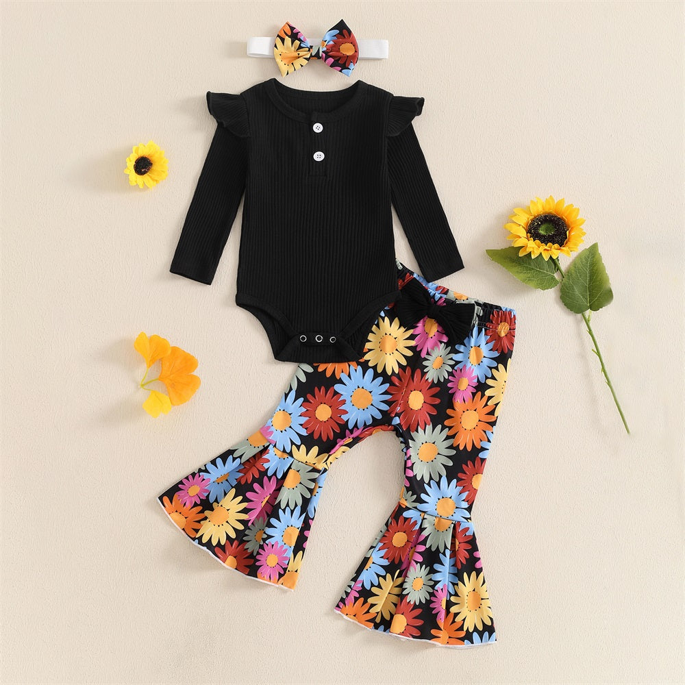 3PCS Comfy Cute Floral Print Long Sleeve Baby Set