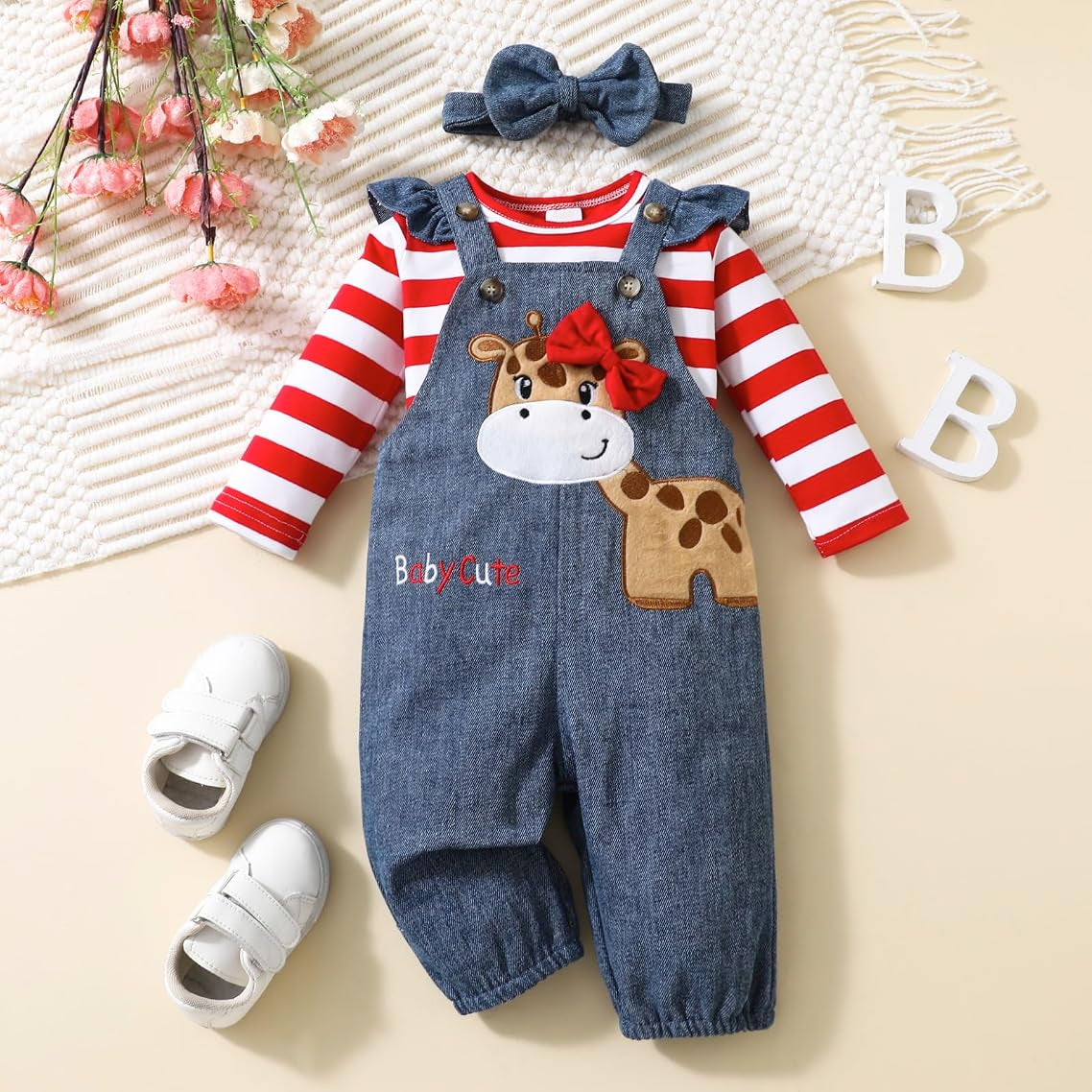 3PCS Giraffe Applique Stripe Print Long Sleeve Baby Girl Denim Overalls Set