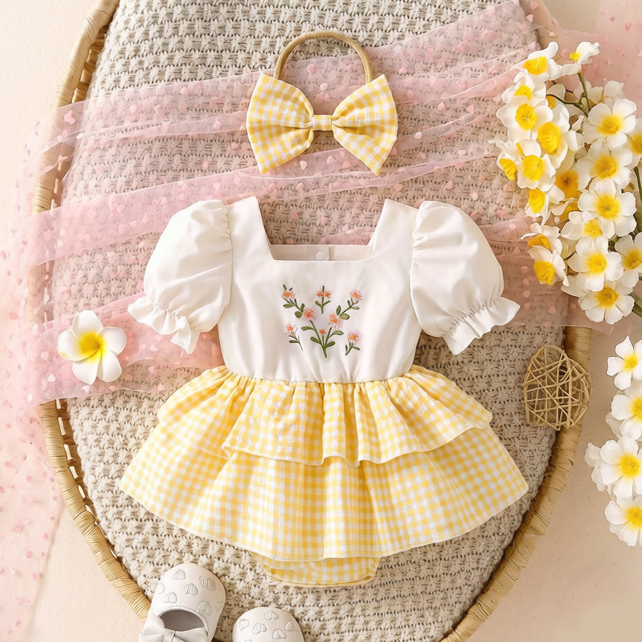 2PCS Floral Embroidery Plaid Print Short Sleeve Baby Romper