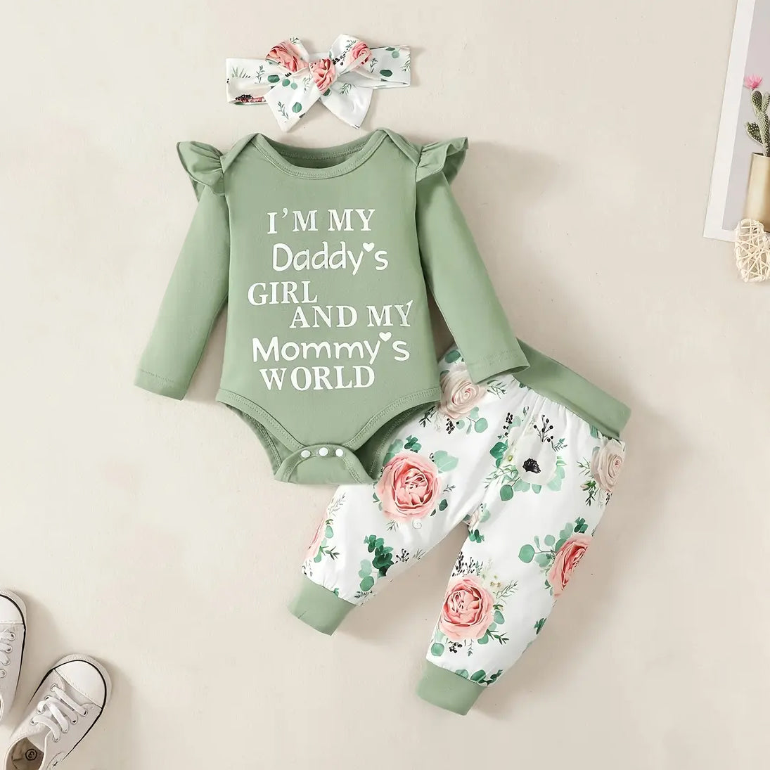 3PCS I'm My Daddy's Girl And My Mommy's World Letter Floral Printed Baby Set