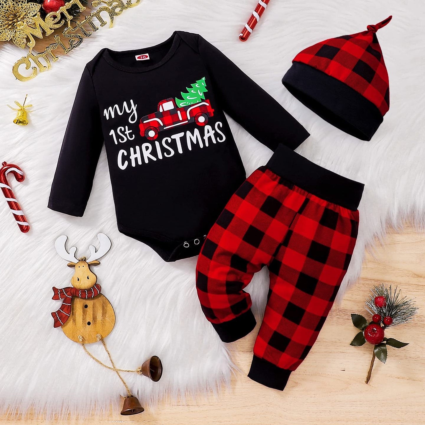 3PCS My 1st Christmas Letter Plaid Printed Long Sleeve Baby Set