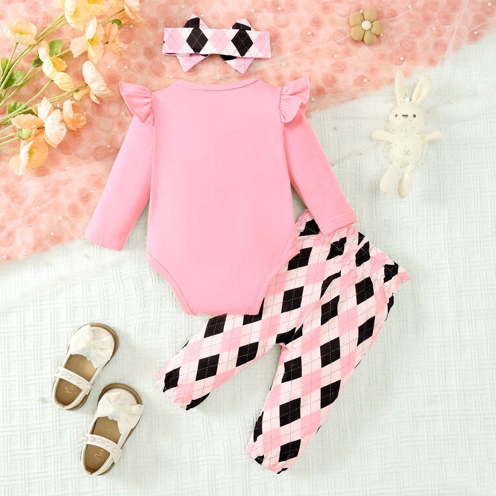3PCS Pretty The Princess Letter Plaid Printed Long Sleeve Baby Set