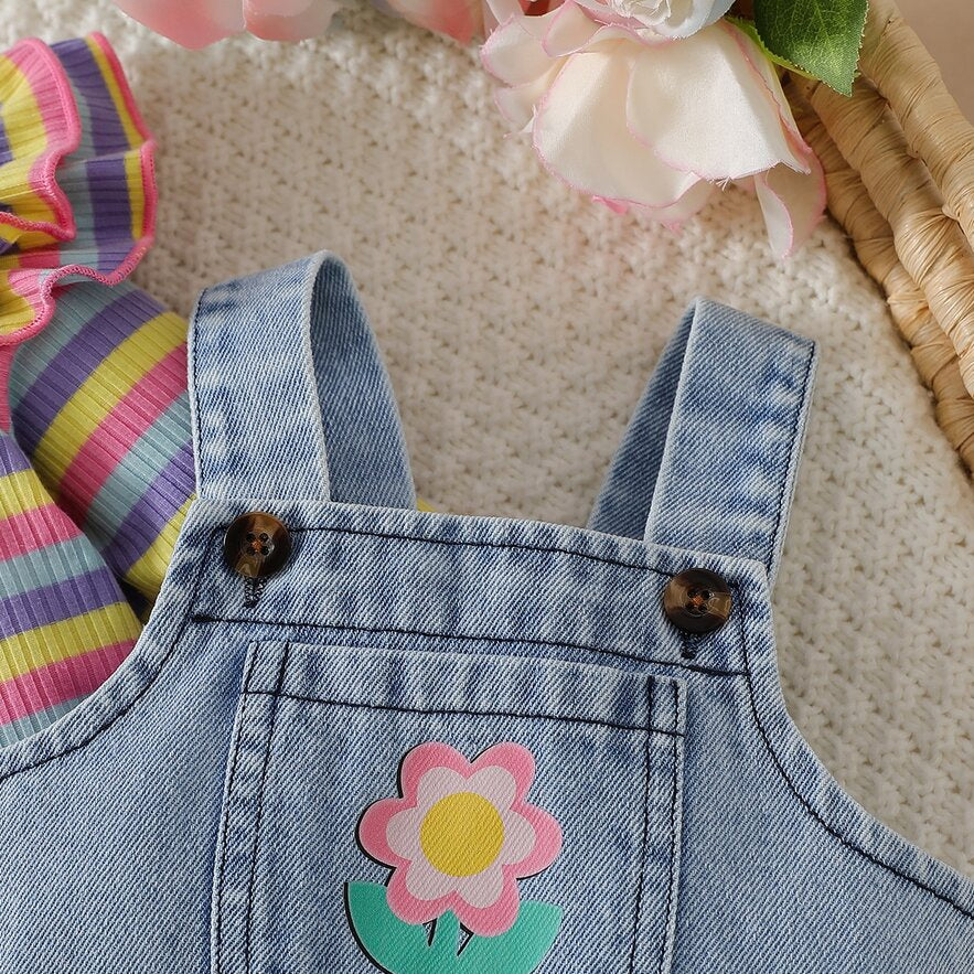 2PCS Chic Floral and Animal Print Long Sleeve Denim Baby Overalls Set