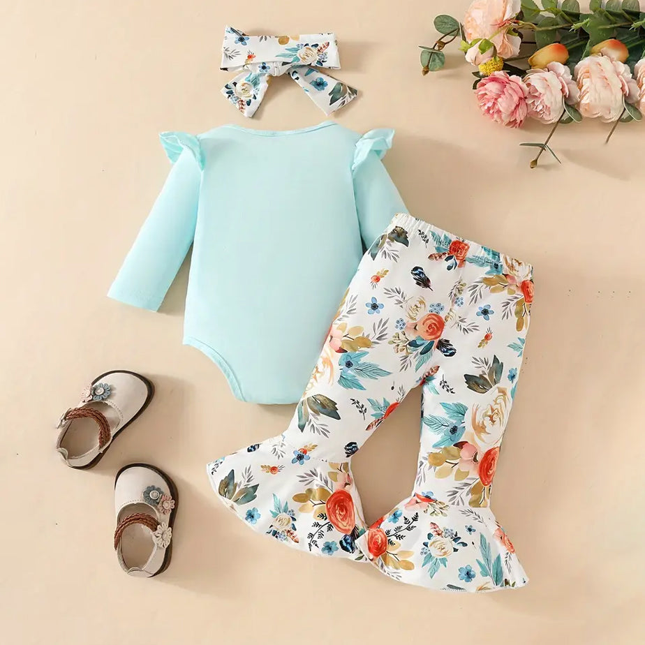 3PCS Mommy's Little Princess Letter Floral Printed Long Sleeve Baby Set