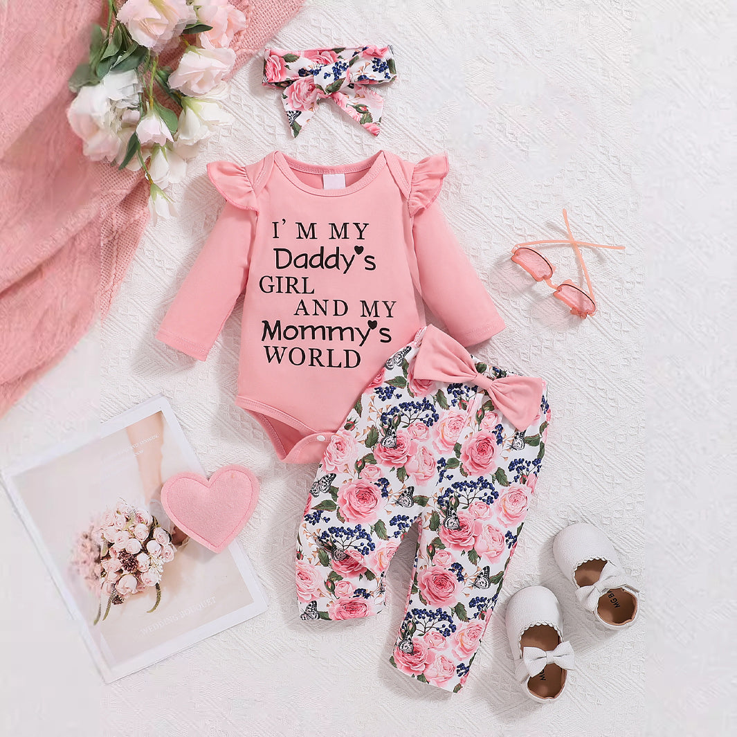 3PCS I'M My Daddy's Girl Letter Floral Printed Baby Set