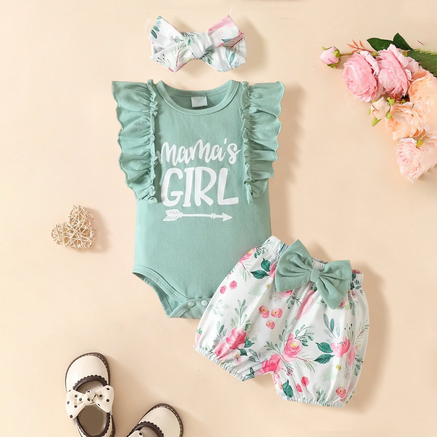 3PCS Mama's Girl Letter Floral Printed Sleeveless Baby Set