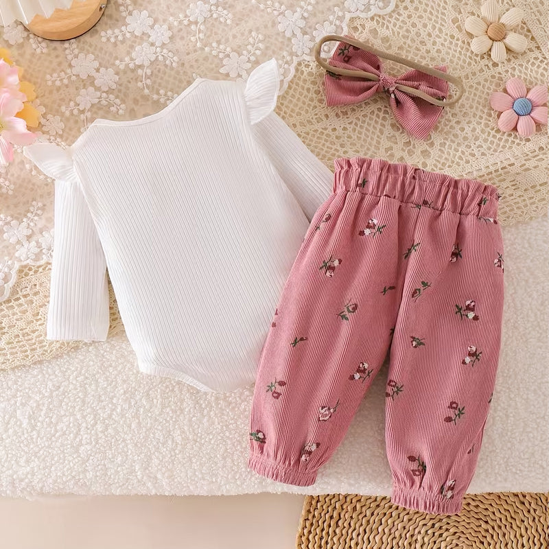 3PCS Chic Daddy's Little Girl Letter Embroidered Floral Printed Baby Set