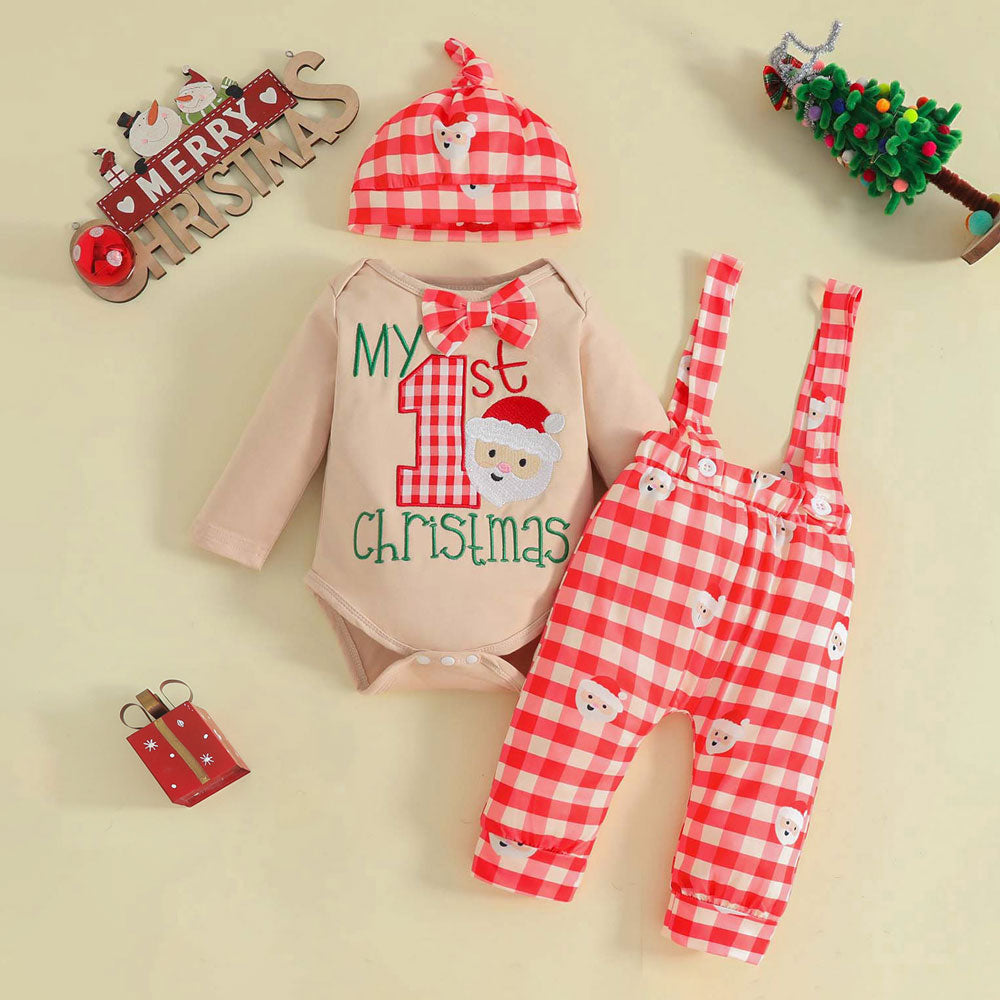 3PCS My First Christmas Santa Embroidery Plaid Overalls Baby Set