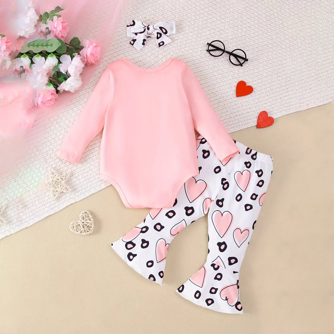 3PCS New To The Crew Letter Heart Printed Long Sleeve Baby Set