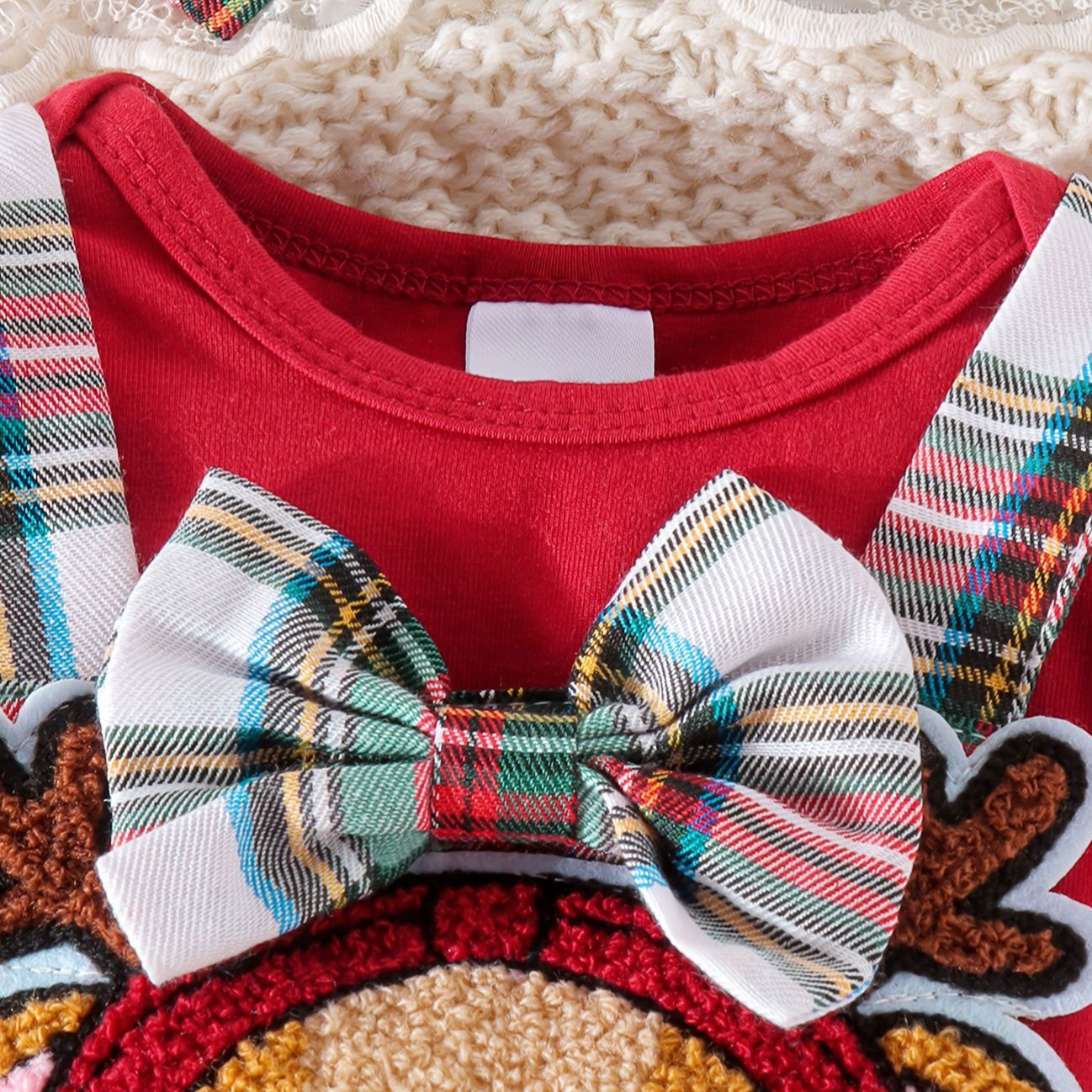 3PCS Lovely 3D Deer Appliqué Plaid Printed Baby Overall Dress Set