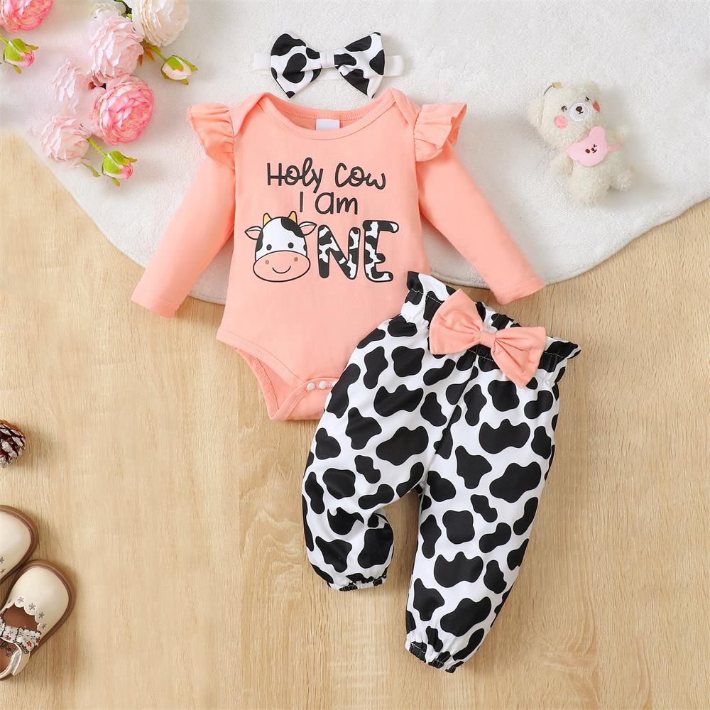 3PCS Holy Cow I Am One Letter Print Long Sleeve Baby Set
