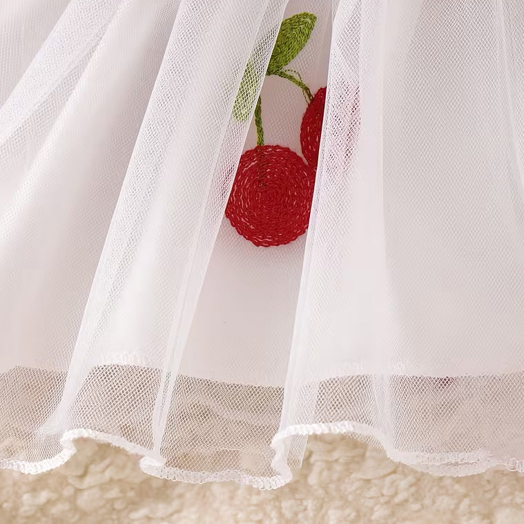 2PCS Baby Girl 3D Floral and Cherry Embroidered Long Sleeve Mesh Dress