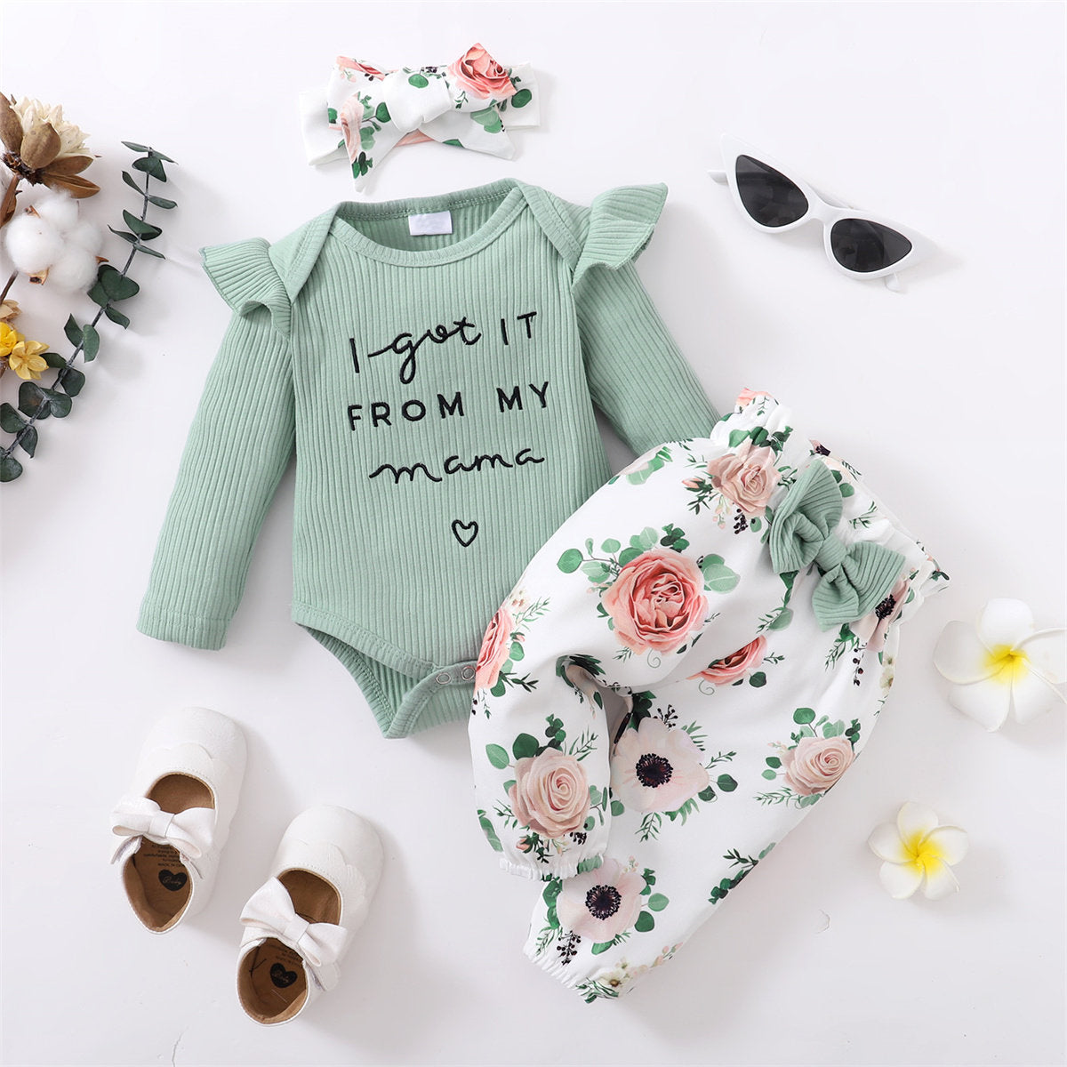 3PCS I Got It From My Letter Floral Printed Baby Set