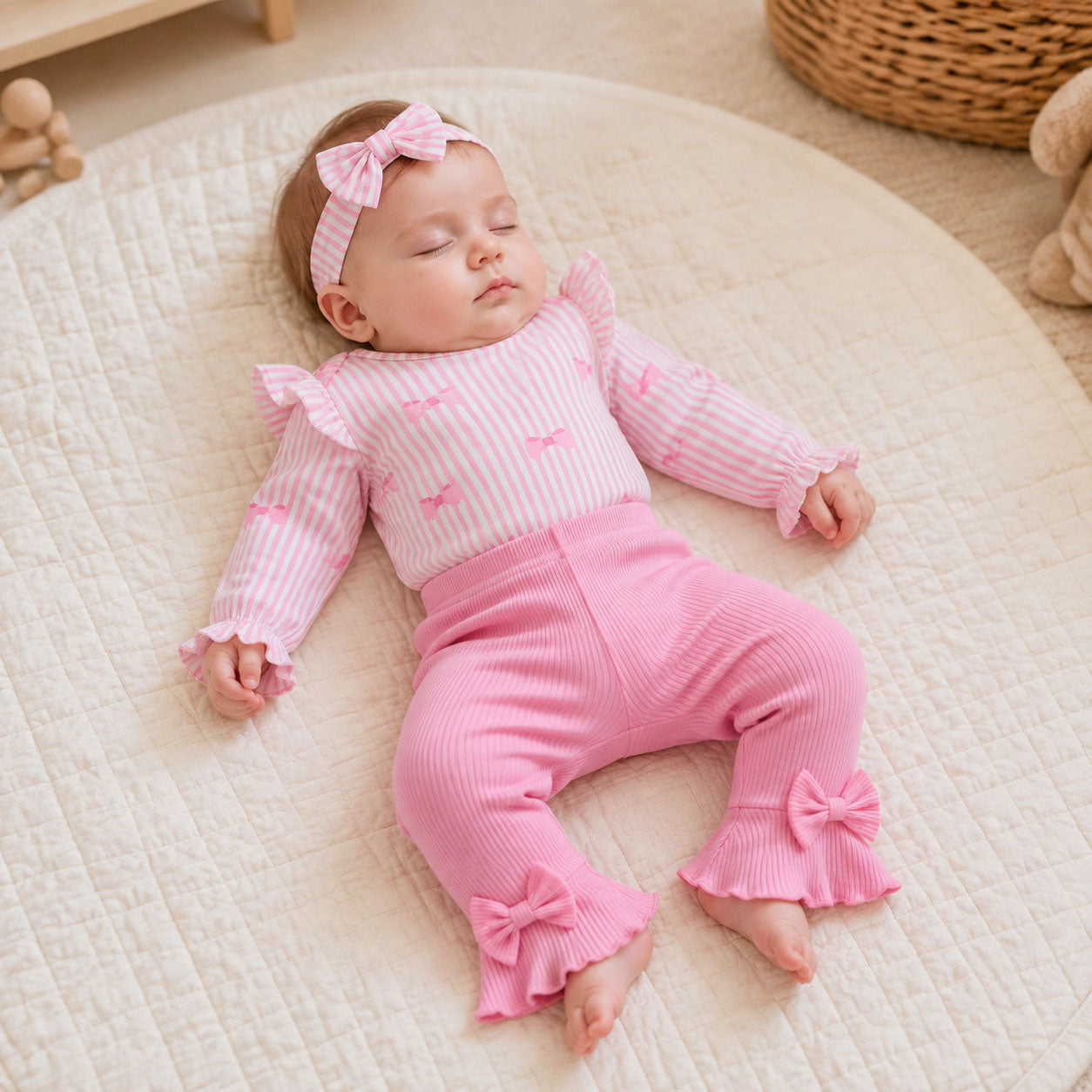 4PCS Lovely Bow Stripe Print Long Sleeve Baby Set